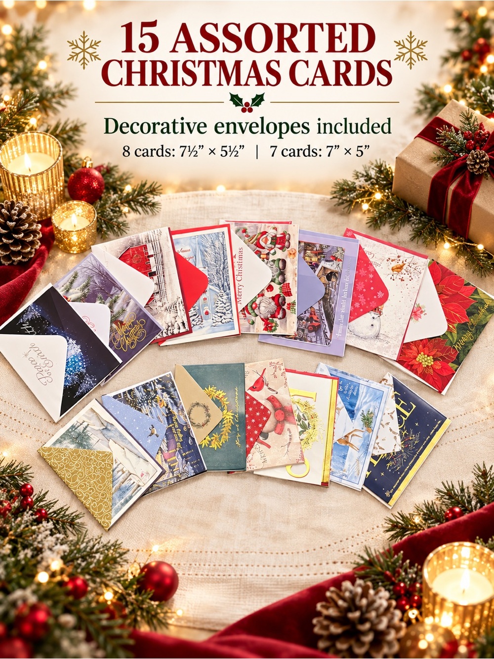 15 Assorted Christmas Cards with Decorative Envelopes - 2 sizes